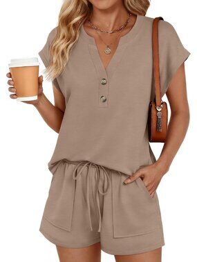 〽️Women's Outfit Set Dark Khaki Casual Summer Beach Two Piece Matching Sweatsuit